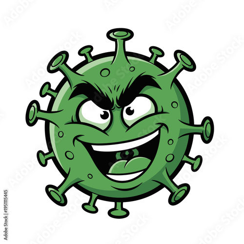 Cartoon Evil Green Virus Character with Spikes and Grinning Face.