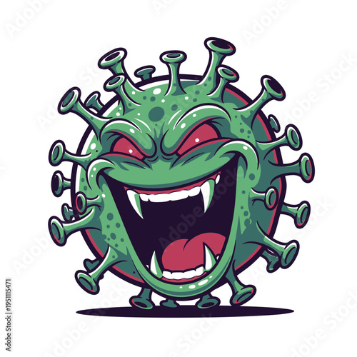 Evil Cartoon Coronavirus Character with Sharp Teeth.