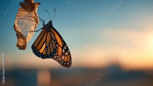 chrysalis. Monarch butterfly emerging from chrysalis at dawn, symbolic of new beginnings. wildlife magazines, conservation campaigns, designed for nature documentaries and education.