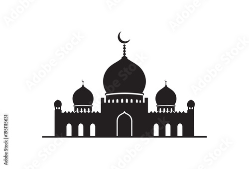 Black mosque icon vector, silhouette with domes and crescent moon