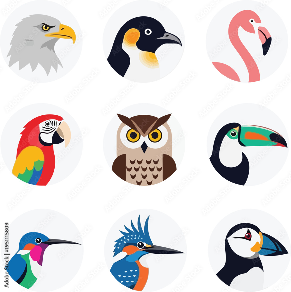 Fototapeta premium Set of Flat Vector Bird Icons Collection Featuring Diverse Species for Wildlife Graphic Design