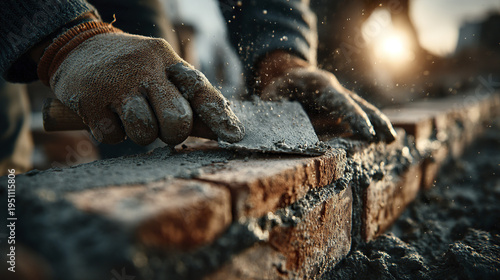 Wallpaper Mural Close up of bricklayer hands wearing gloves spreading cement mortar on red bricks during construction work with sunlight in background creating warm atmosphere Torontodigital.ca