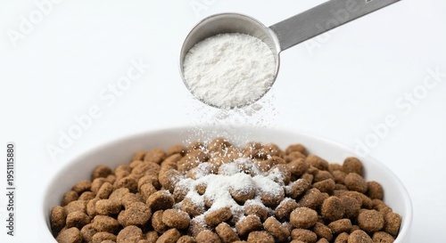 Measuring spoon pouring supplement powder onto pet food kibble
