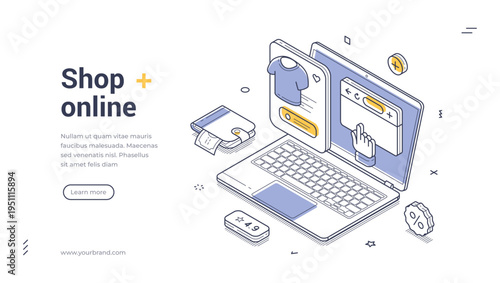 Isometric shop online banner template. Vector illustration of e-commerce and digital marketing. Modern concept for a website landing page, online store, or mobile application presentation