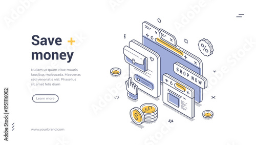 Isometric banner template for saving money. Vector illustration for online shopping and finance. Modern concept for e-commerce website, digital payment, and discount presentation