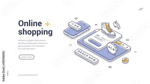 Isometric banner template for online shopping. Vector illustration of a mobile application for buying goods. Modern concept for a digital store, e-commerce, and internet marketing
