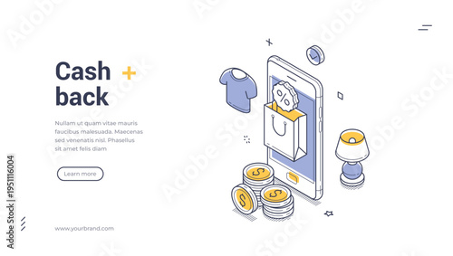Isometric banner template for a cashback service. Vector illustration for money-saving and online shopping. Modern concept for a loyalty program, e-commerce, and mobile app presentation