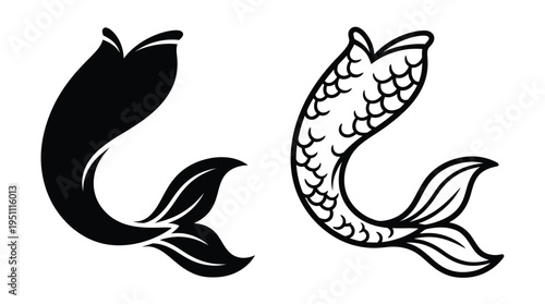 Two stylized fish tails one solid and one scaled presented as a graphic design silhouette