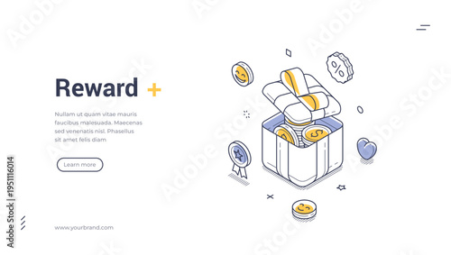 Isometric vector illustration of a reward gift box with coins. Financial bonus and prize concept. Modern outline style banner and landing page template design for a loyalty program