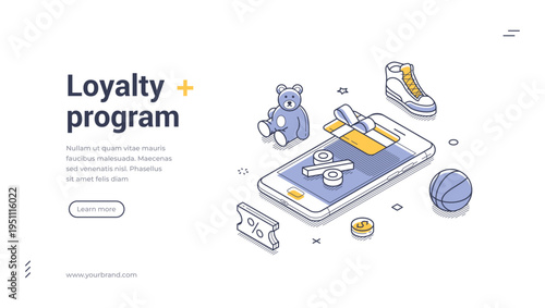 Isometric vector illustration of a loyalty program. Concept for customer rewards, bonuses, and gifts. Modern banner and landing page template design for marketing and promotion