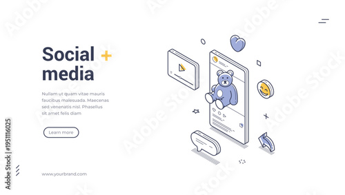 Isometric vector illustration of social media marketing. Concept for digital content, blogging, and SMM. Modern outline banner and landing page template design for online promotion
