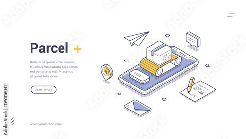 Isometric vector illustration for parcel and mail delivery service. Concept for online shipping and package tracking. Modern outline banner and web page template for mobile app