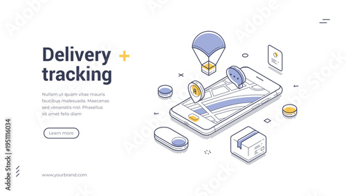 Isometric vector illustration for online delivery tracking service. Concept for parcel monitoring and shipment navigation. Modern outline banner and landing page template for mobile app