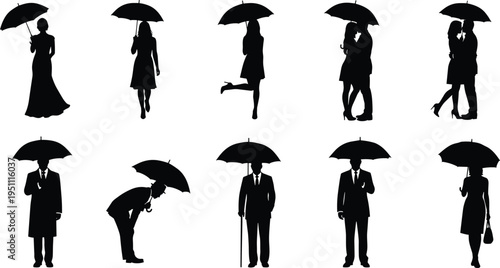 Umbrella people silhouette set, rainy day poses, walking couple and individuals, weather protection concept, isolated black figures, lifestyle illustration collection