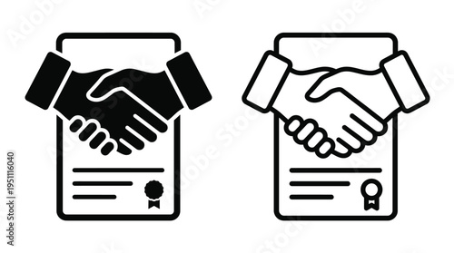 Two depictions of a handshake within a framed document representing a deal or agreement silhouette