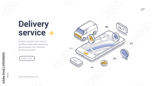 Isometric vector illustration of city delivery service. Concept for online order tracking and GPS navigation. Modern outline banner and landing page template for a mobile application