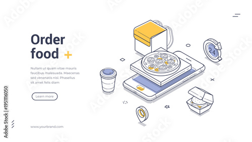 Isometric vector illustration for online food ordering. Concept for a fast food delivery mobile app. Modern outline banner and web page template for a takeaway restaurant service