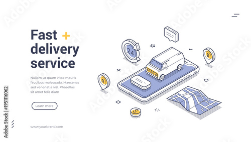 Isometric vector illustration of express delivery. Concept for online tracking and logistics management. Modern outline banner and landing page template for a fast transportation service