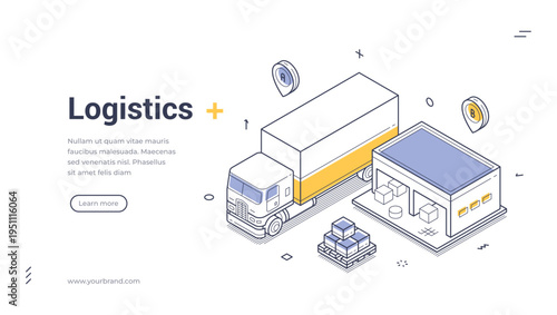 Isometric vector illustration of logistics and transportation. Concept for global delivery, cargo shipping, and warehouse storage. Modern outline banner and landing page template design