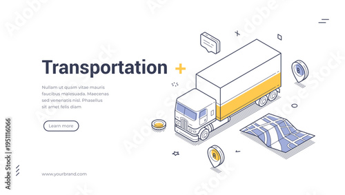 Isometric vector illustration of cargo transportation. Concept for global logistics and freight shipping. Modern outline banner and web page template for a road transport and delivery service