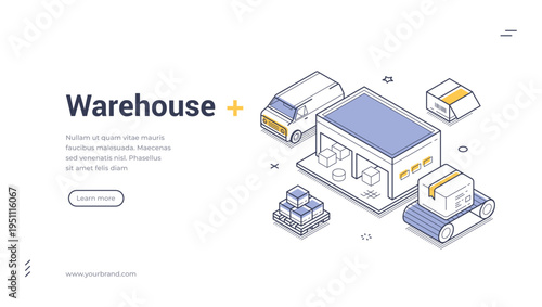 Isometric vector illustration of warehouse. Concept for logistics, stock control, cargo shipping. Outline banner and web template for distribution center and fulfillment service