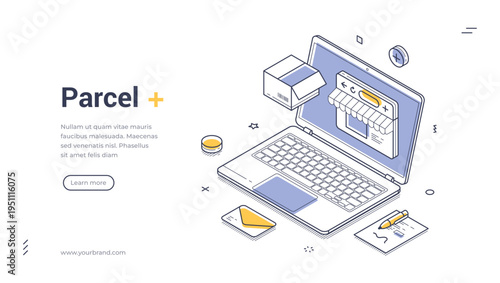 Isometric vector illustration of online shopping and e-commerce. Concept for internet store and parcel delivery. Modern outline banner and web page template for digital retail business
