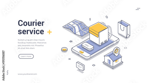 Isometric vector illustration of courier service and express parcel delivery. Online shipping and tracking concept. Modern outline banner and web page template for logistics business