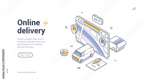 Isometric vector illustration of online delivery service. Concept of fast shipping and cargo transportation. Modern outline banner and web page template for logistics business and ecommerce