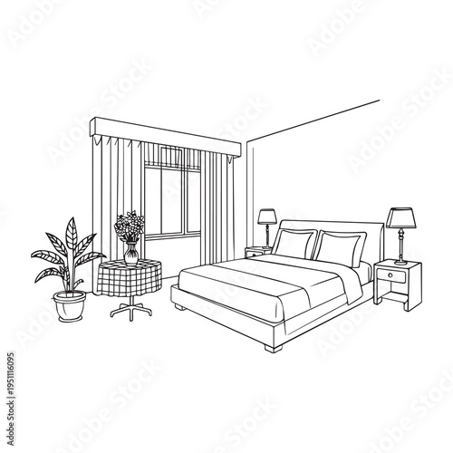 Vector illustration of a bedroom with furniture and plants