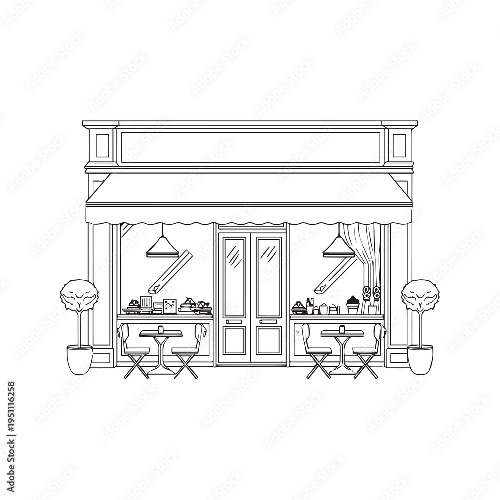 Fototapeta premium Vector illustration of a cafe storefront with outdoor seating