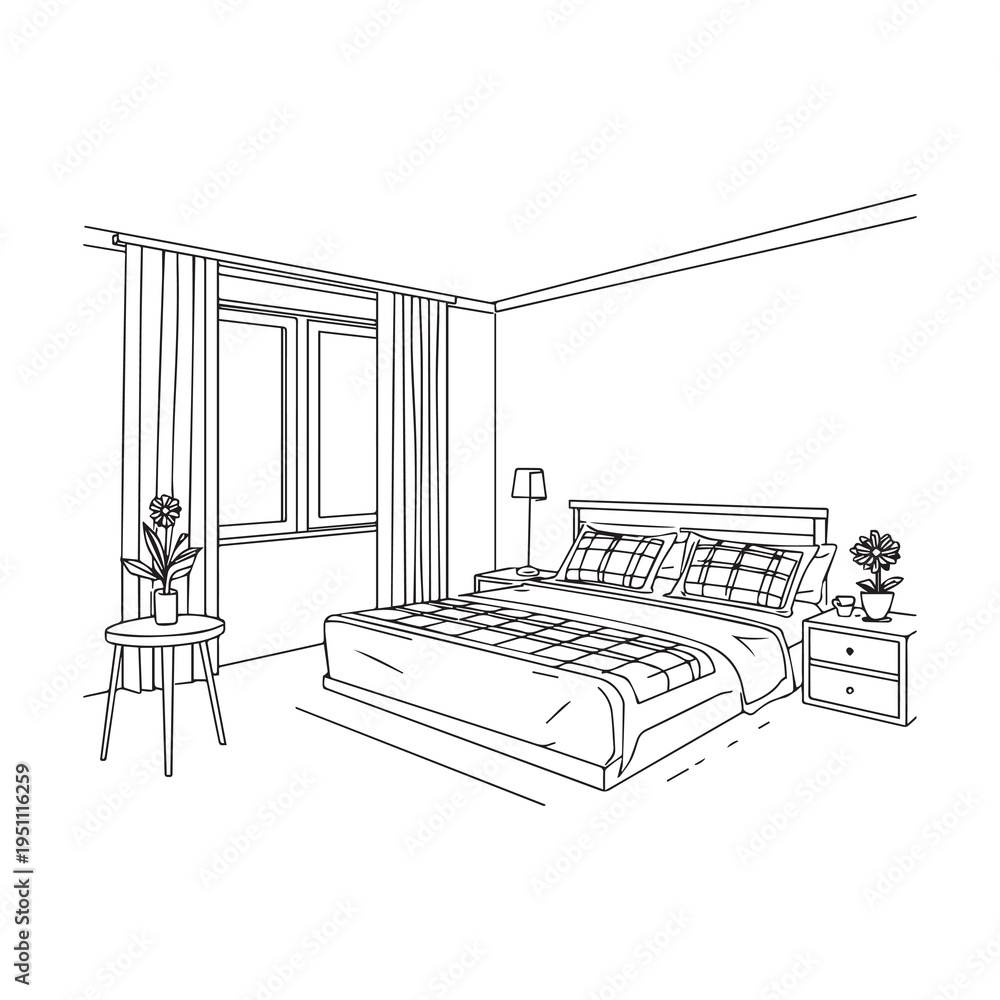 Fototapeta premium Vector illustration of a bedroom with bed, nightstands, and window