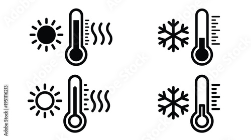 Weather icons depicting sun heat cold and thermometers in a stark silhouette