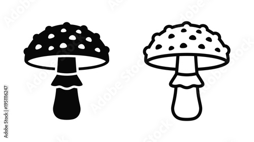 Two contrasting mushroom illustrations with spotted caps and distinct stems a bold silhouette