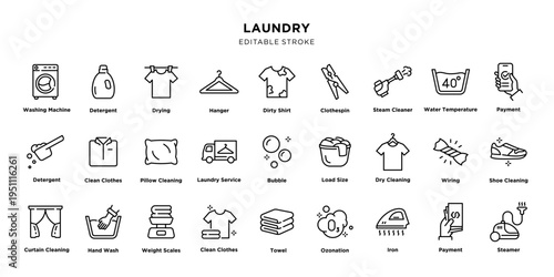 Laundry line icons set with editable stroke