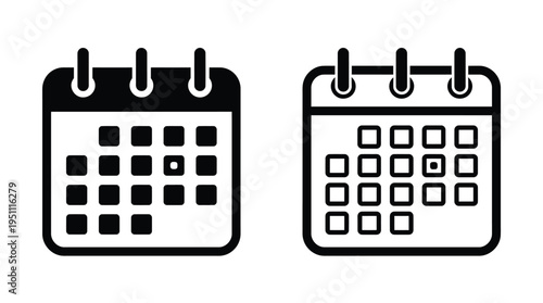 Two black calendar icons depict scheduling and dates showcasing a stylized silhouette