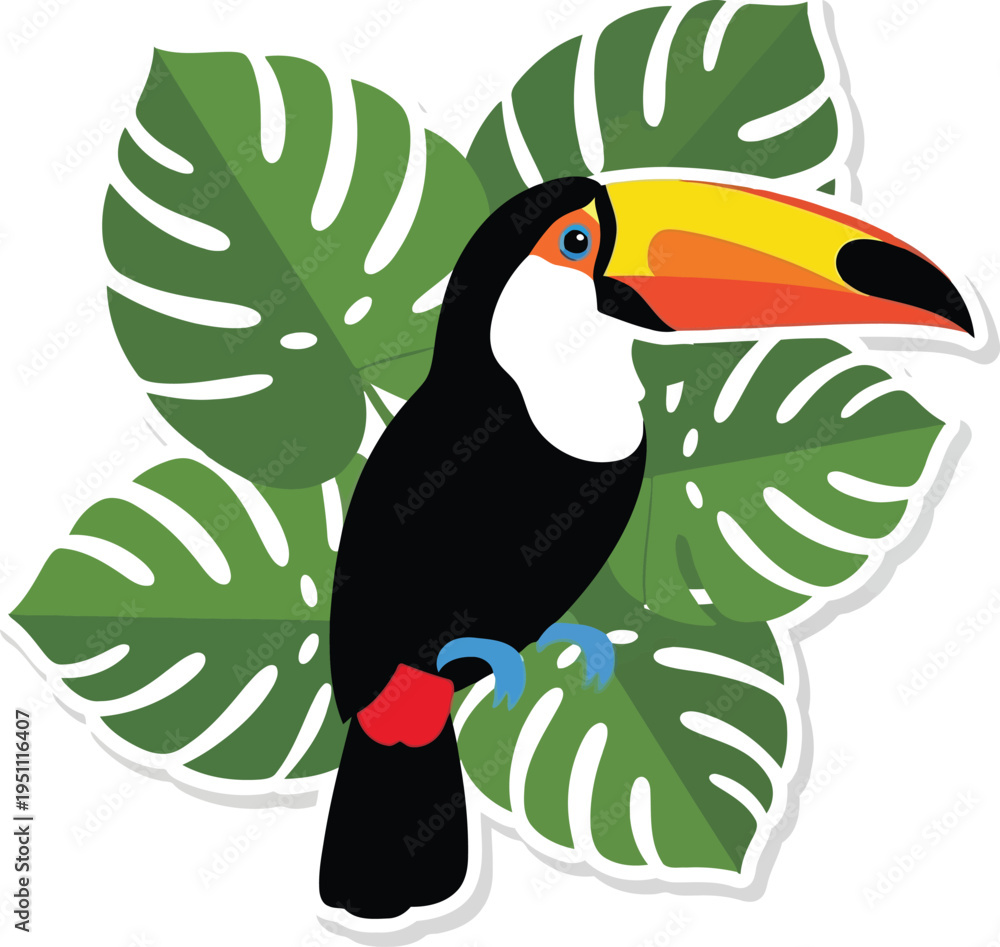 Obraz premium Toucan Bird Sticker with Tropical Monstera Leaves Isolated on White Background