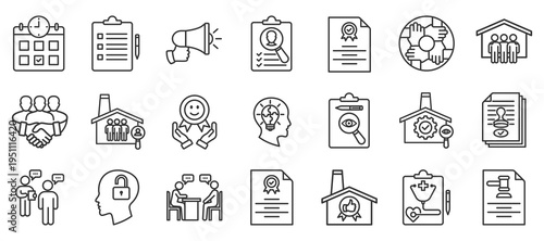 Assessment outline icon set. Contain time schedule, checklist, communication, employee engagement, health psychological evaluation, internal audit, quality assessment system, compliance assessment