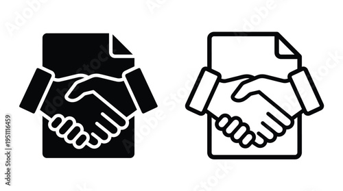 Two variations of a handshake icon with a document displayed in contrasting styles silhouette
