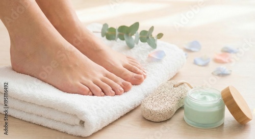 Close-up of feet on white towel with foot care spa products