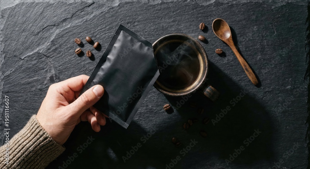 Obraz premium Hand holding blank black packet over coffee cup
