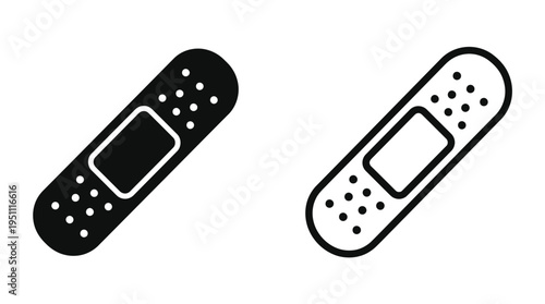 Two adhesive bandages one filled and one outlined presented in a stark black and white silhouette