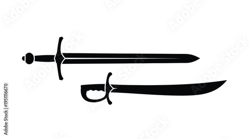 Two antique swords a straight blade and a curved saber shown in black silhouette