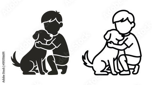A young boy affectionately hugs a dog in two contrasting styles a silhouette