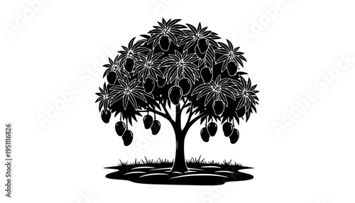 A mango tree silhouette illustration with fruit and leaves on white background