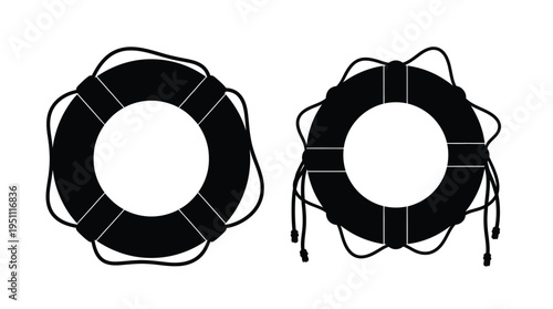 Two black life preservers are displayed against a white background creating a striking silhouette