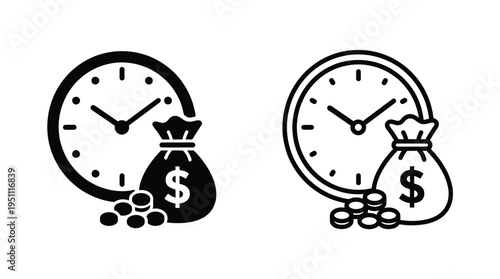 Two depictions of a clock combined with a money bag representing time and finance silhouette