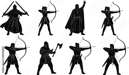 Medieval warrior silhouette set, knight and archer poses, sword and bow weapons, ancient battle concept, isolated black figures illustration