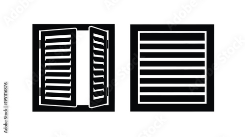 Two window designs are displayed one open and one closed in a stark black silhouette