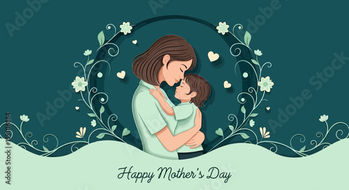 Mother's Day Illustration of a Mother Hugging her Child in Paper Cut Style with Floral Frame