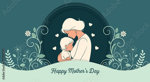 Mother's Day Greeting Card Paper Cut Illustration with Mother Embracing Child, Hearts and Floral Ornaments on Teal Background